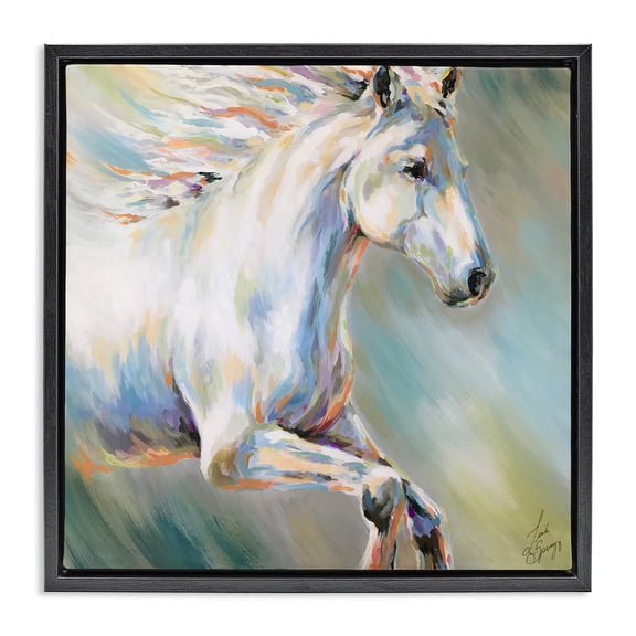 Stupell Industries Flora White Horse Running Animals Painting Black Floater Framed Canvas Art Print Wall Art, 18 x 18