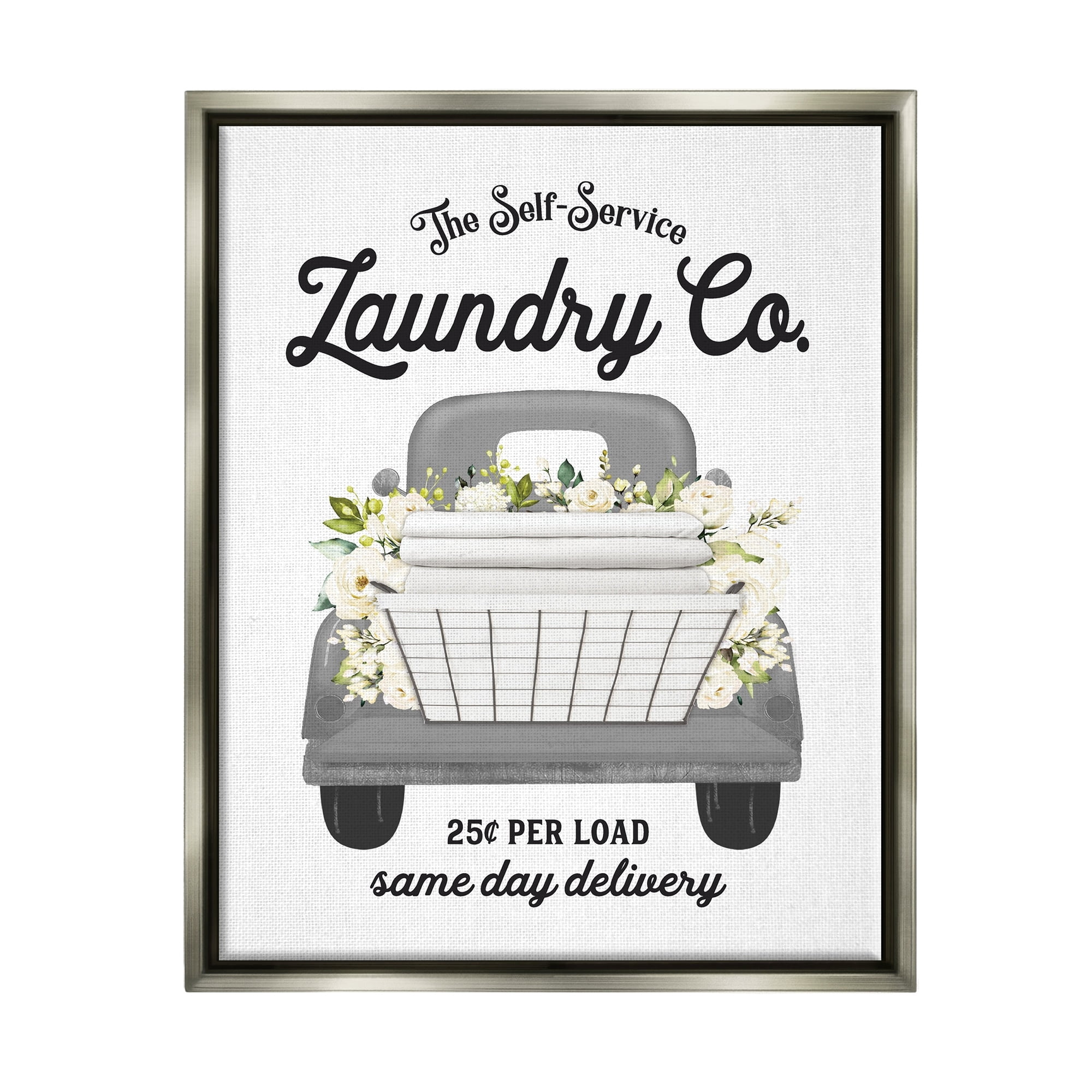 Stupell Industries Antique Laundry Service Truck White Floral Arrangement Graphic Art Luster Gray Floating Framed Canvas Print Wall Art, Design by Lettered and Lined