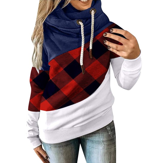 Pompotops Women Lattice Printed Pullover Hoodies Long Sleeve Drawstring Hooded Tops Sweatshirt