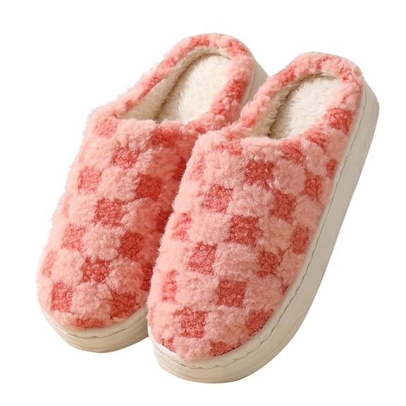 Xfvqtps Women Fuzzy Slippers Checkered Slipper Fluffy Furry Fleece Lining Soft Thick Sole Memory Foam Slip on Non-Slip Comfortable Cozy Indoor Warm Winter EVA House Slippers