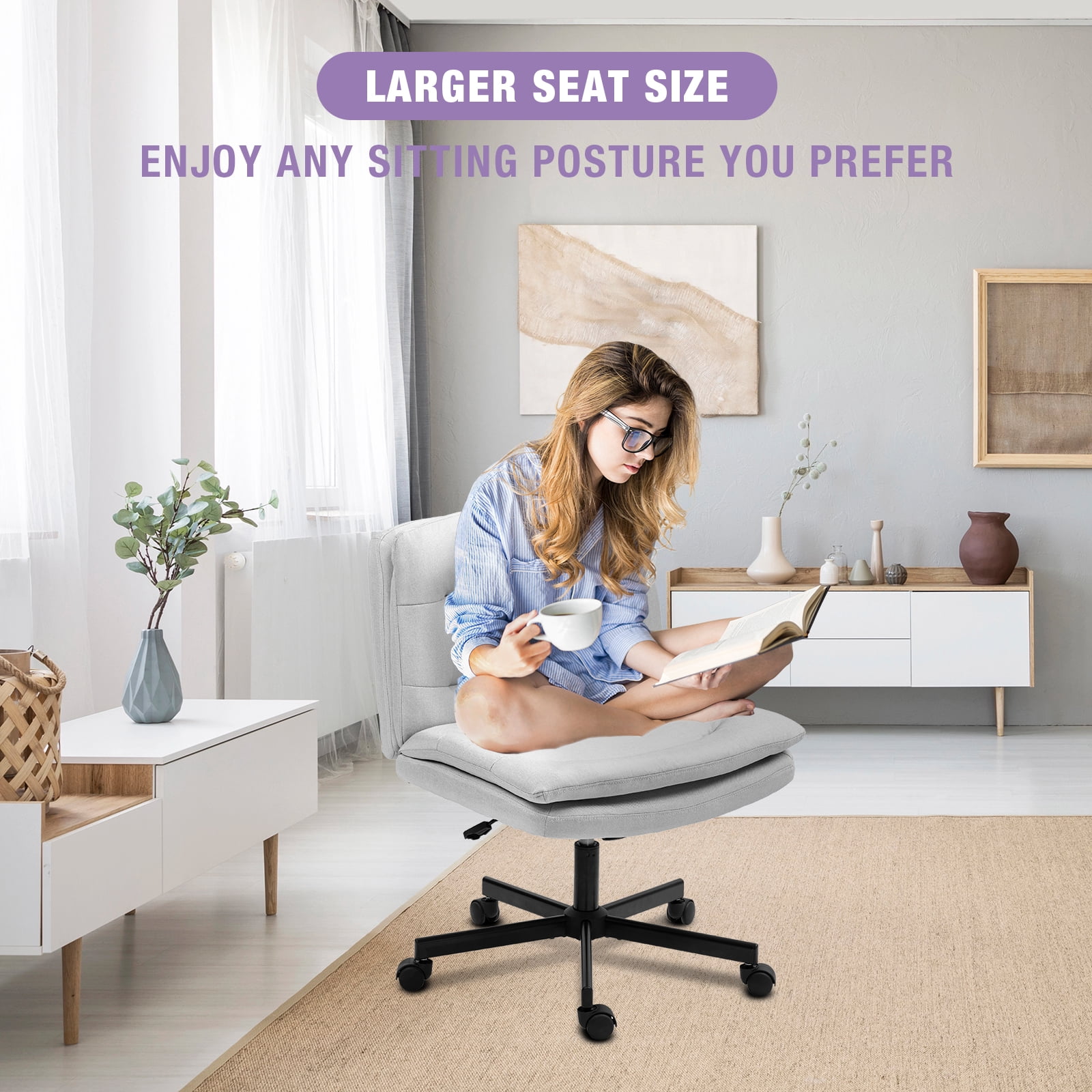 Criss Cross Legged Chair Ergonomic Home Office Desks Chair with Casters, Armless Wide Comfy Vanity Desk Seat Swivel Rolling Computer Chair, Adjustable Height, Rocking Function, Beige