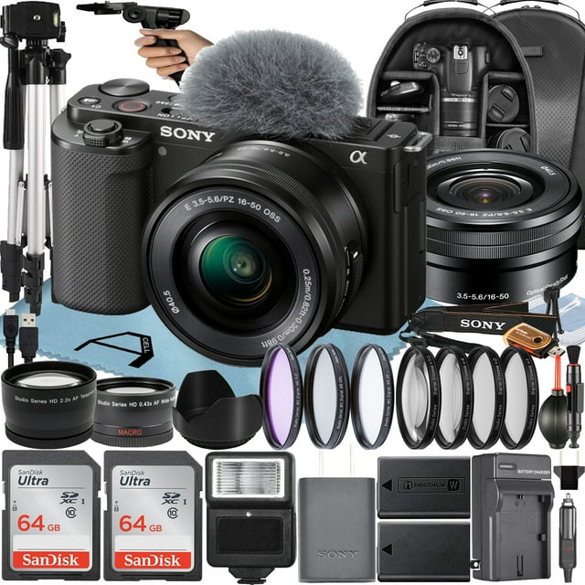 Sony Alpha ZV-E10 Mirrorless Vlog Camera With 16-50mm Lens + Two Pack 64GB Memory Card + Flash + Tripod + Backpack + A-Cell Mobility Accessory Bundle (Black)