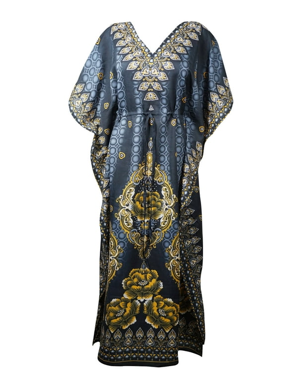 Mogul Women Black Kaftan Maxi Dress, Bohemian Kaftan, Printed Kaftan, Summer Resort Wear, Beachwear Long Caftan One Size