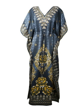 Mogul Women Black Kaftan Maxi Dress, Bohemian Kaftan, Printed Kaftan, Summer Resort Wear, Beachwear Long Caftan One Size