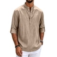 thumbnail image 2 of Satingcolo Linen Henley Shirts for Men V Neck Long Sleeve Band Collar Button Shirts Casual Breathable Vacation Hippie Top,Khaki 4XL, 2 of 5