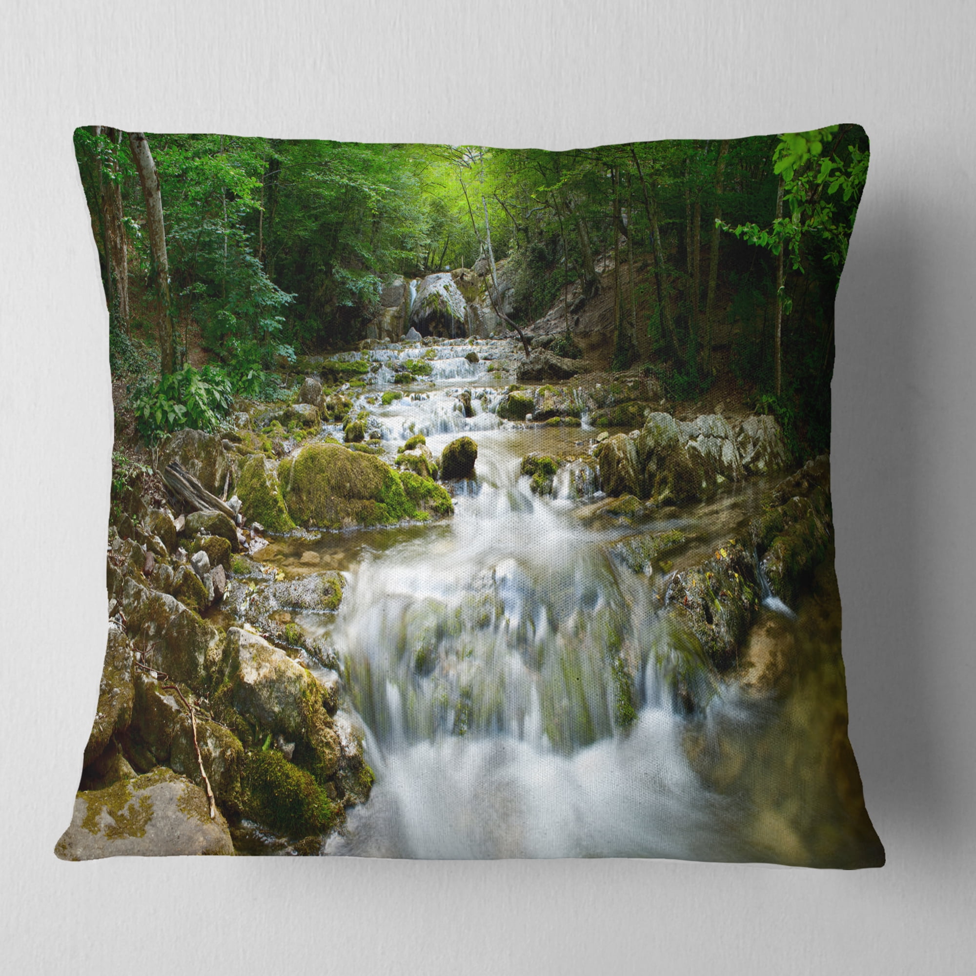 Designart Natural Spring Waterfall - Landscape Photography Throw Pillow - 18x18