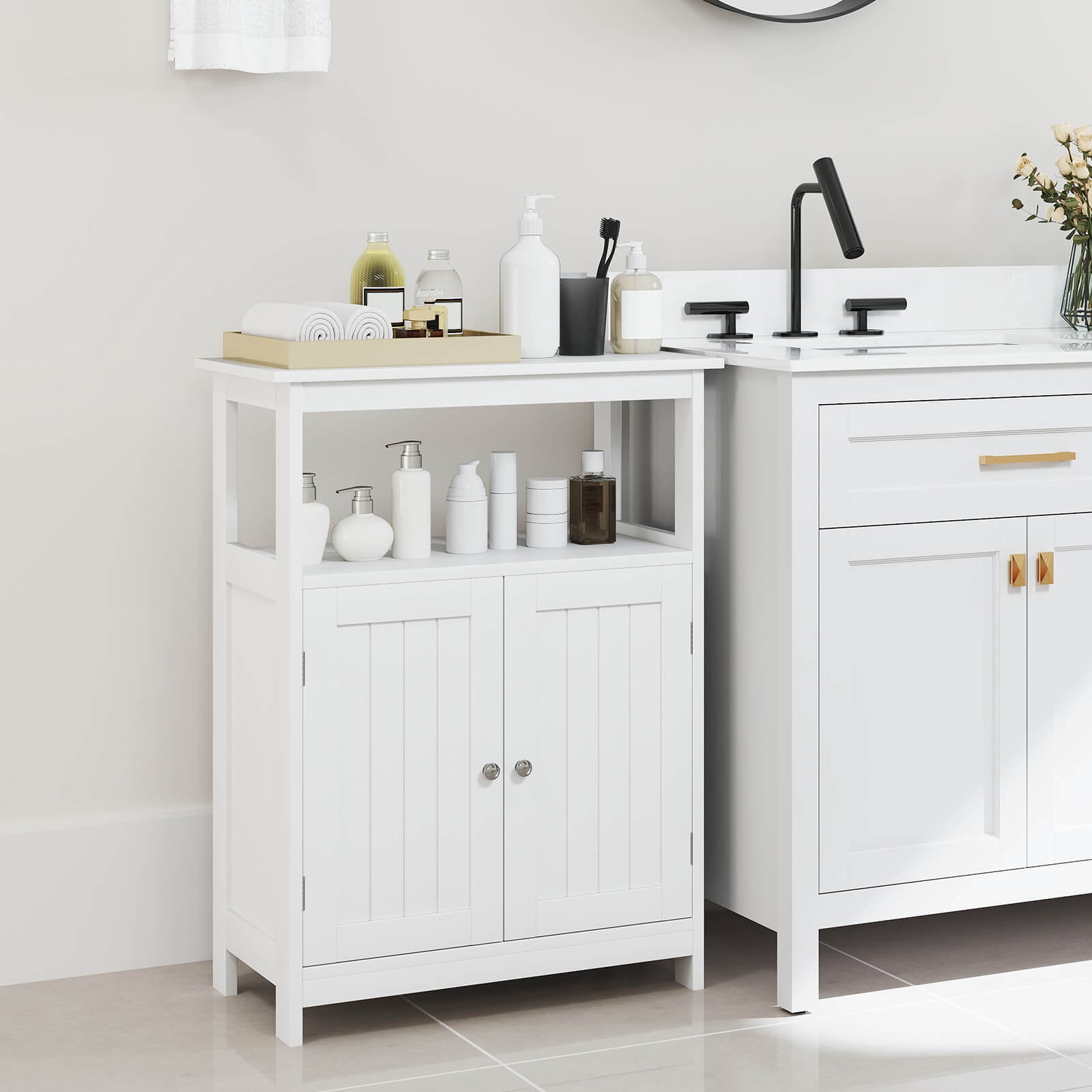 Costway Bathroom Floor Cabinet Freestanding Storage Organizer with 2 Doors Open Compartment White