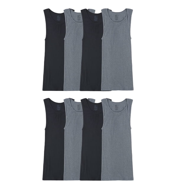 camisetas interiores fruit of the loom active ligeras para hombre, paquete de 8 — ocho tank tops tipo A en mezcla de algodón, cuatro negros y cuatro grises, talla pequeña; vista frontal en dos filas que muestra tejido acanalado, escote redondo y sin etiqueta; a menudo usadas como capa base deportiva ligera.