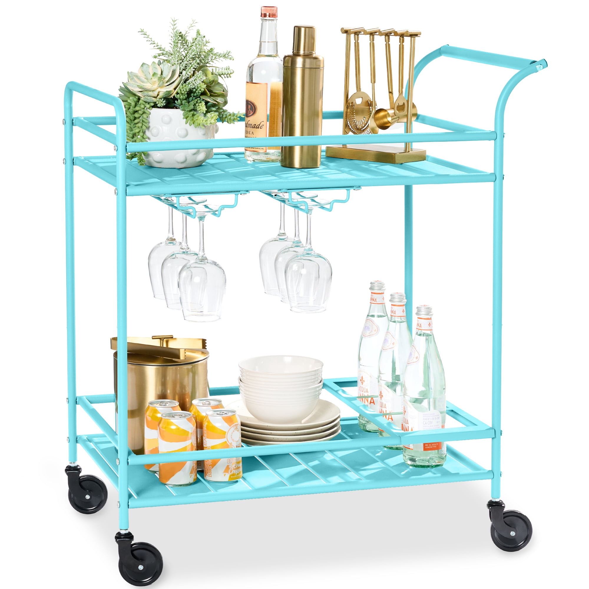 Best Choice Products 2-Tier Rolling Bar Cart Indoor/Outdoor w/ Storage Shelves, Wine Rack, Lockable Wheels - Teal