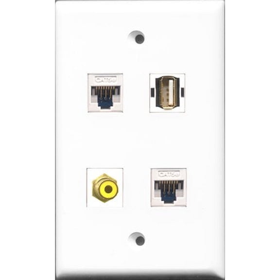 RiteAV 1 Port RCA Yellow and 1 Port USB A-A 2 Port Cat5e Ethernet White Wall Plate