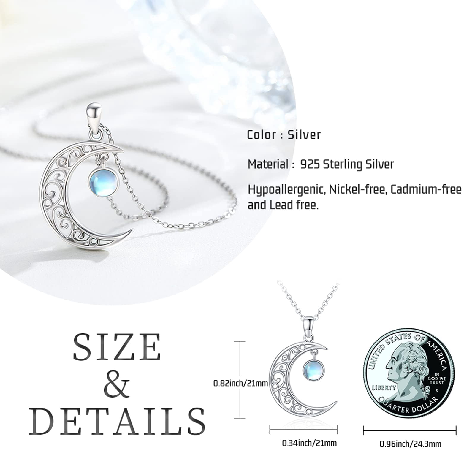 Midir&Etain Celtic Moon Necklace 925 Sterling Silver Celtic Moonstone Pendant Necklace Women's Crescent Jewelry Gift for Women