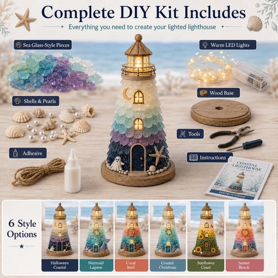 Beginner-Friendly DIY Lighted Sea Glass-Style Lighthouse Kit, Coastal Mosaic Craft Set with LED Lights, Decorative Pieces, Adhesive, Wood Base, Tools & Instructions