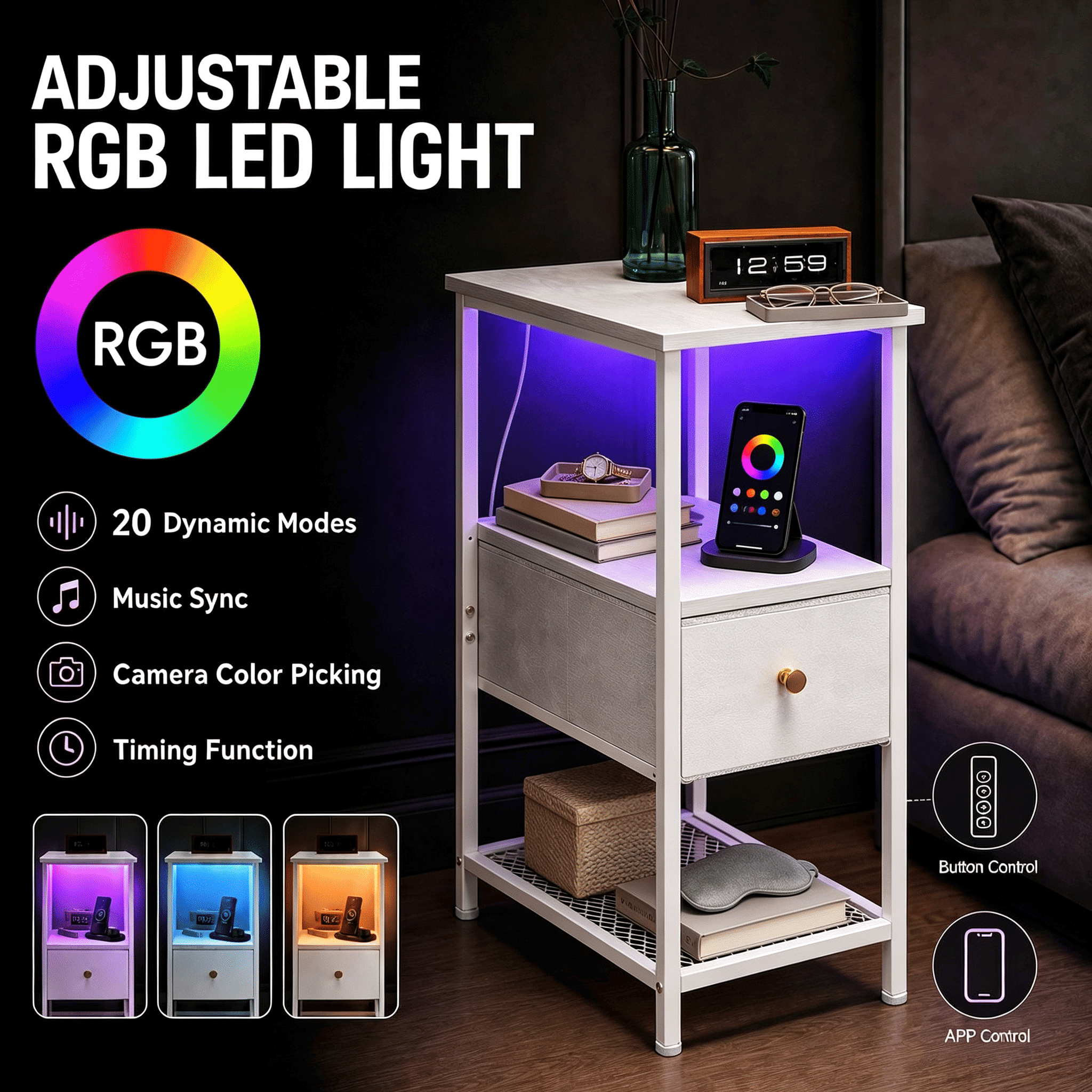Narrow Nightstand with Charging Station and RGB LED Light, End Table with Fabric Drawer and Mesh Shelf, Steel and Engineered Wood, 26 in H