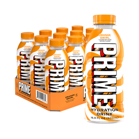 Prime Hydration Sports Drink, Orange Swirl, 16.9 fl oz, 12 Pack, Bottles