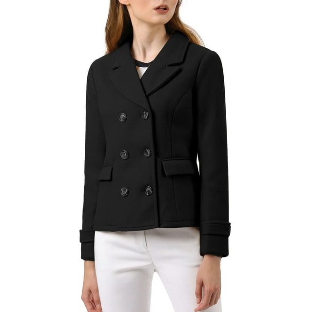 INSPIRE CHIC Women's Winter Worsted Notched Lapel Double Breasted Short Peacoat