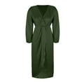 thumbnail image 5 of Efsteb 2025 Fall Fashion Women Work Dresses Business Casual Elegant Office Dress Lantern Long Sleeve V Neck Split Front Cocktail Midi Dresses (Army Green,XL), 5 of 7