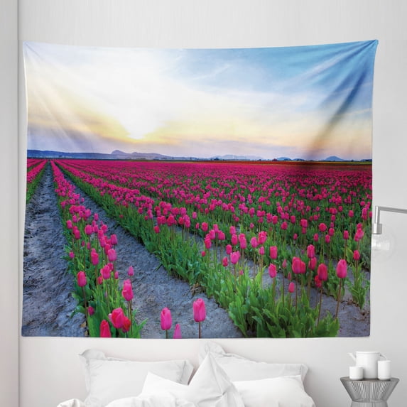 Floral Tapestry, Romantic Pink Tulip Flowers Blooms Field Scenic Photograph at Sunset Time Horizon, Fabric Wall Hanging Decor for Bedroom Living Room Dorm, 5 Sizes, Multicolor, by Ambesonne