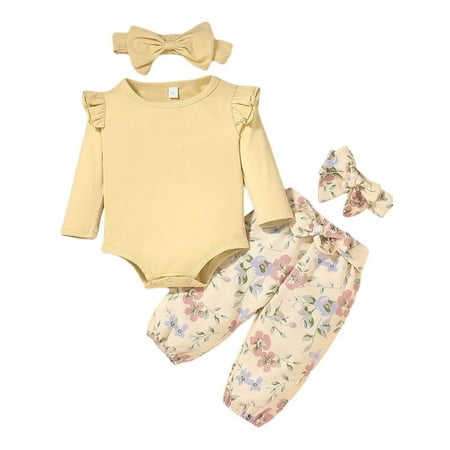 

3PCS Newborn Baby Girl Outfits Infant Long Sleeve Ruffle Tops Romper Bodysuit and Floral Pants Clothes with Headband