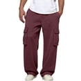 thumbnail image 3 of Cargo Sweatpants for Men Straight Wide Leg Baggy Pants High Rise Elastic Jogger with Pockets, Wine L, 3 of 7