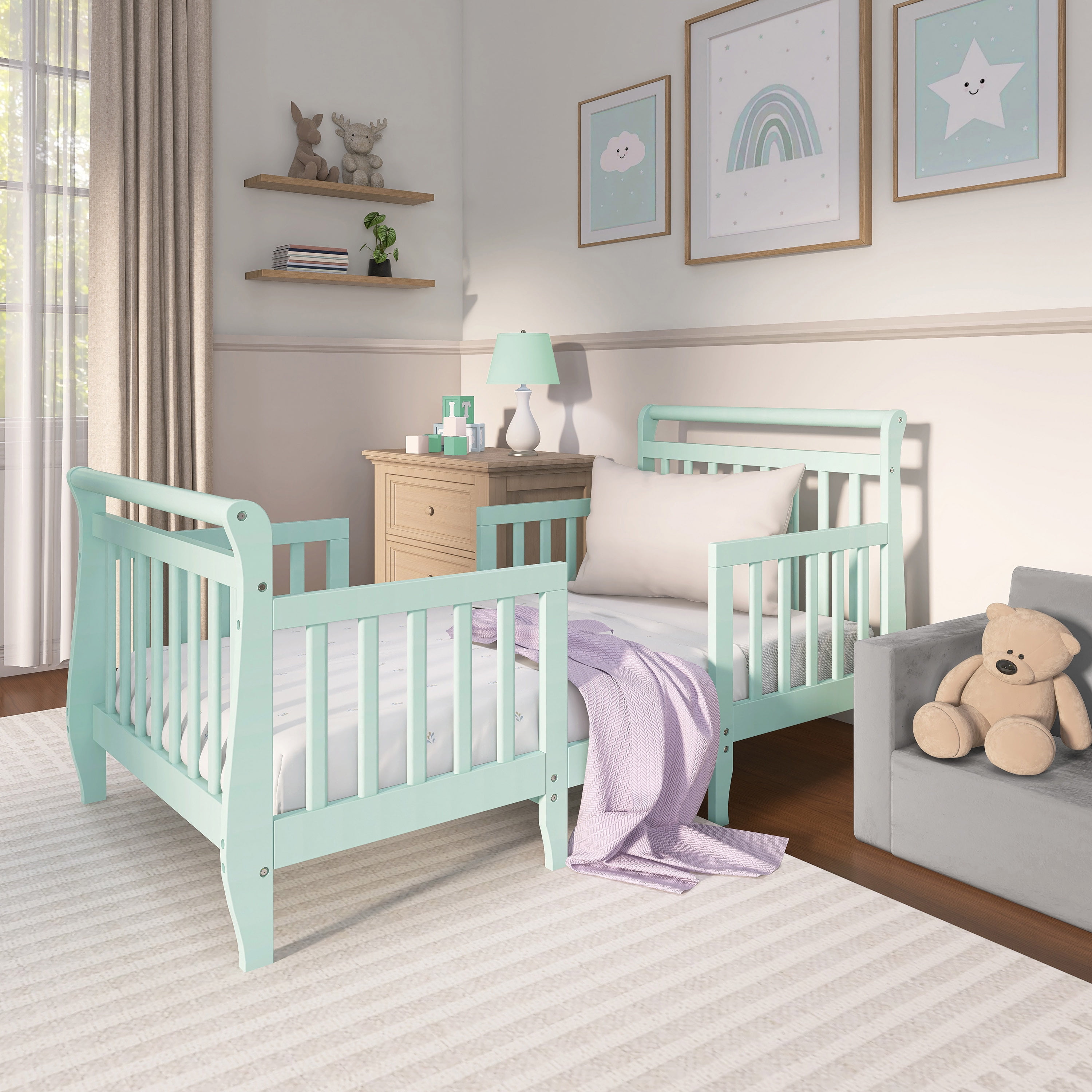 Dream On Me Emma 3-in-1 Convertible Toddler Bed, Mint, Model #649-MT