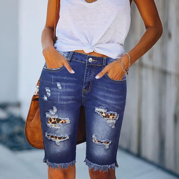 Qulqfy Stretchy Denim Shorts for Women Knee Length High Waisted Bermuda Distressed Trendy Ripped Summer Raw Hem Casual Women's Jean Shorts