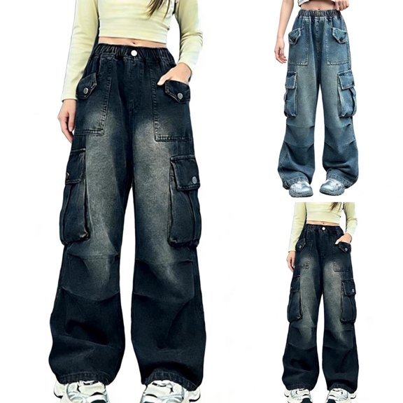 Crunowin Boys Denim Cargo Pants, Elastic Waist Multi Pockets Lightweight Solid Color Casual Jeans Size 4T