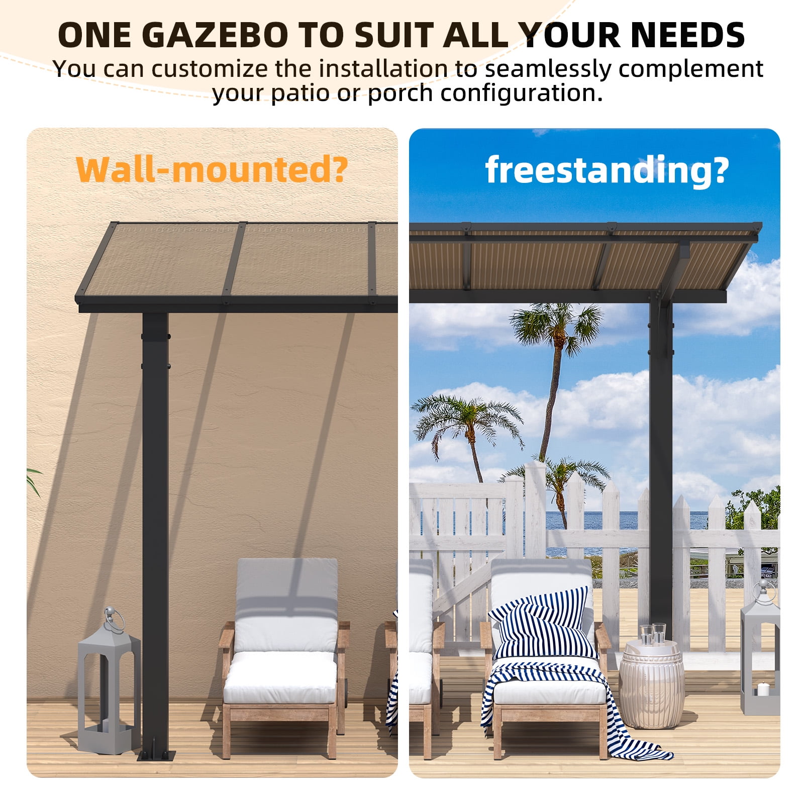 AECOJOY 8'x8' Gazebo, Outdoor Wall Mounted Hardtop Gazebo & Pergola with Aluminum Frame for Patio, Porch and Backyard in Black