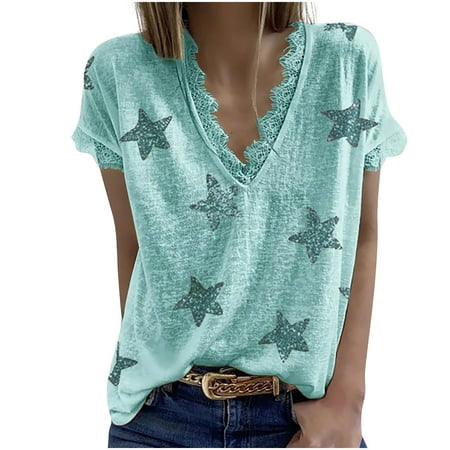 

Green Tops for Women Women s Summer V-neck Casual Comfortable Star Print Lace Atmosphere Feeling Lace T-shirt Short Sleeve Summer Tops Green XXL
