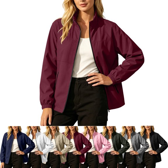 SYwaren Women's Stylish Rain Jacket Windbreaker Full Zip Stand Collar Water Resistant Solid Color Long Sleeve with Pockets