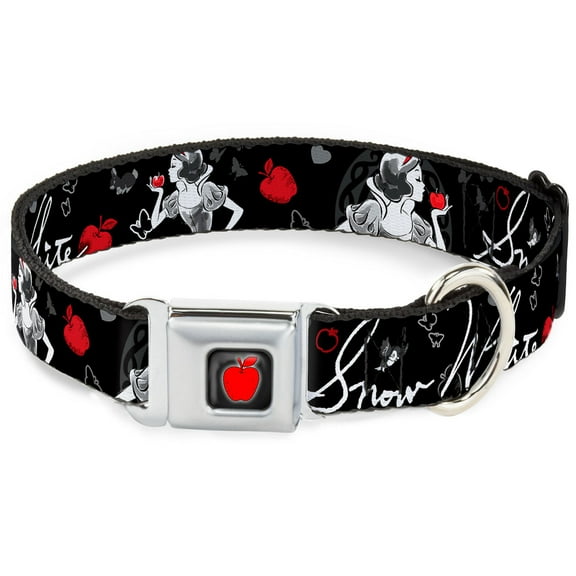 Disney Pet Collar, Dog Collar Metal Seatbelt Buckle, Snow White Apple Poses Butterflies Black Gray Red, 15 to 24 Inches 1.0 Inch Wide