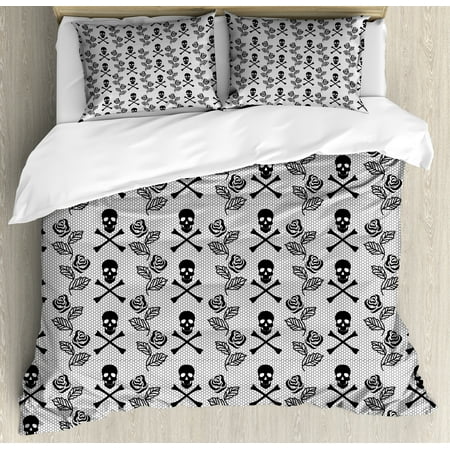 Vintage Style Bedding Sets Gothic Duvet Cover Set, Monochrome Lace Style Pattern with Romantic Vintage Roses and Skulls Crossbones, Decorative Bedding Set with Pillow Shams, Black White, by Ambesonne ()