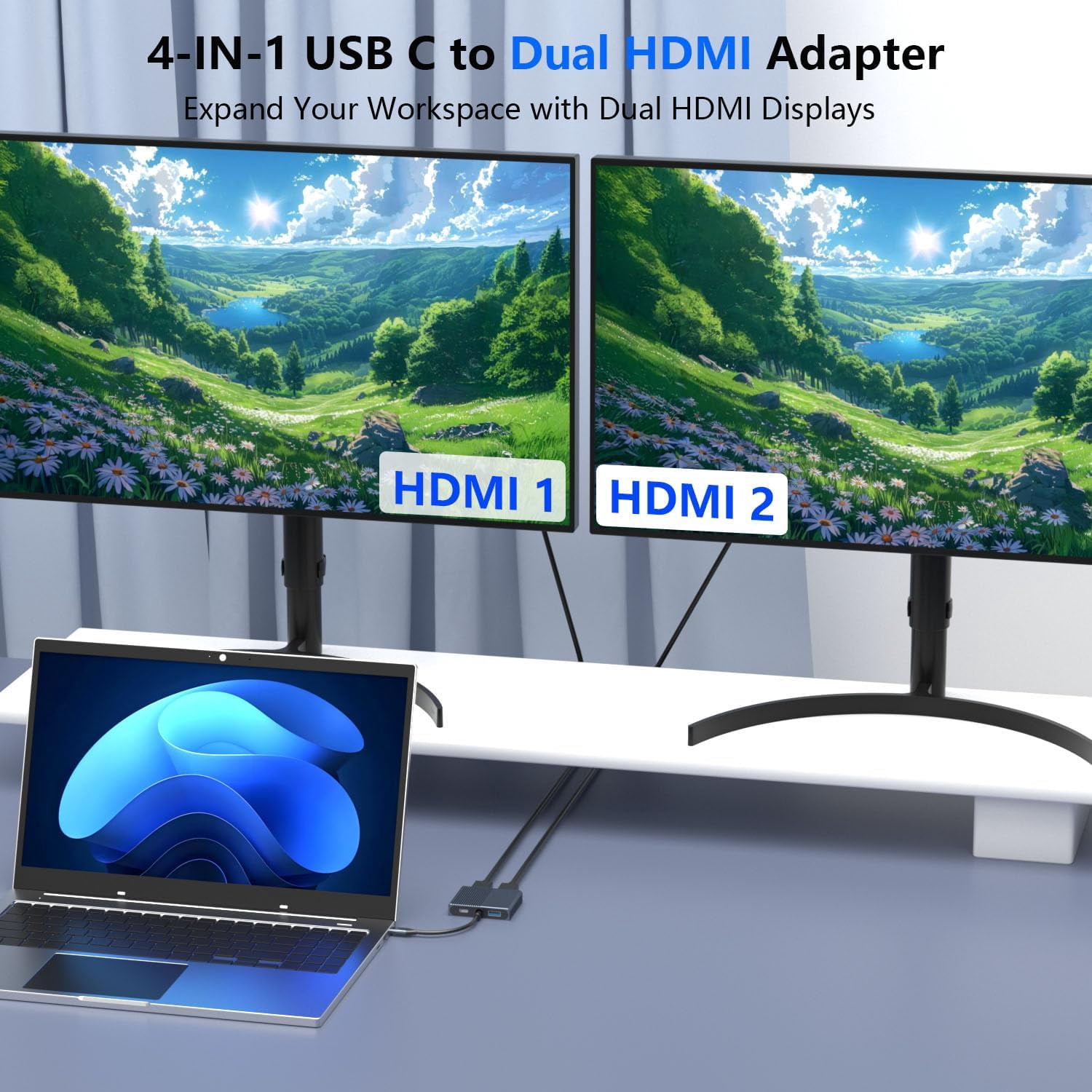 USB C to Dual HDMI Adapter for 2 Monitors, 4-in-1 HDMI Splitter for Dual Monitors Extended Display Support SST/MST with USB3.0/100W PD, USB C Docking Station Double Monitor for MacBook/Dell/HP Laptop