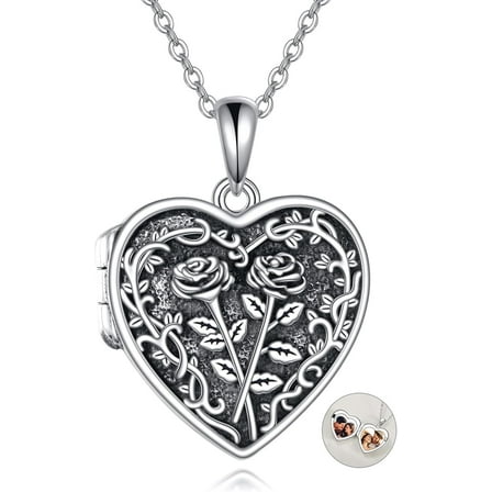 Heart Rose Locket Necklace 925 Sterling Silver Necklace with Picture Inside Heart Memorial Jewelry for Women