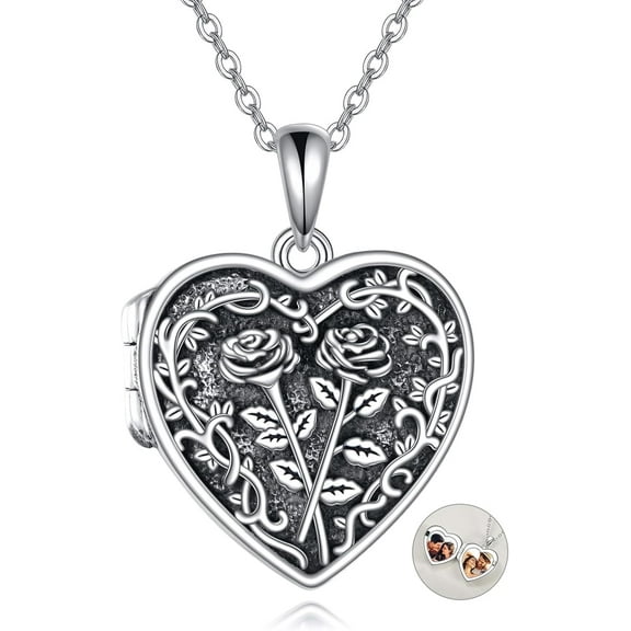 Heart Rose Locket Necklace 925 Sterling Silver Necklace with Picture Inside Heart Memorial Jewelry for Women