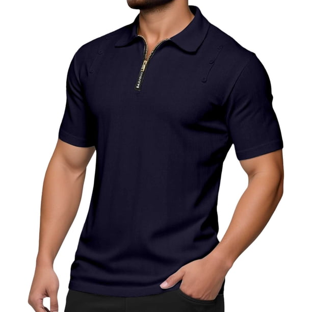 Camisa de manga corta con solapa y cremallera de color liso para hombre - Poliéster, ligera, informal/deportiva/para actividades al aire libre (S-XXXL)
