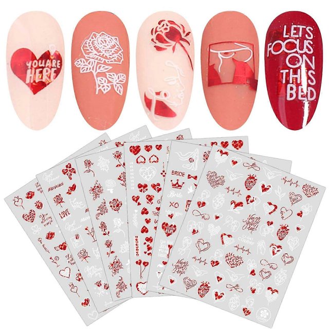 hojas de pegatinas para uñas, San Valentín, diseño de uñas, calcomanías autoadhesivas, amor, rosas, flores, estampados, rojo y blanco, suministros para uñas, diseño de uñas, decoración, accesorios