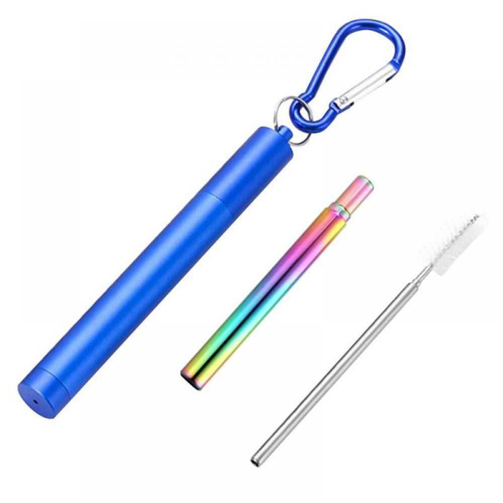 Stainless Steel Collapsible Drinking Reusable Straws Keychain w/ Cleaning Brush 