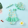 thumbnail image 3 of KIMI BEAR Infant Baby Girls One-piece Swimsuits 12-18 Months Summer Beach Wear Sleeveless Bowknot Bathing Suit Ruffle Daisy Print Swim Clothing with Hat and Headband 3pcs Green, 3 of 8