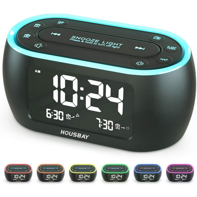 HOUSBAY Glow Small Alarm Clock Radio for Bedrooms with 7 Color Night Light, Dual Alarm, Dimmer, USB Charger, Battery Backup, Nap Timer, FM Radio with Auto-Off Timer for Bedside