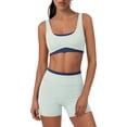 thumbnail image 3 of YHCY Womens Striped Workout Sets 2 Piece Double Layer Yoga Set Wide Strap Sports T Shirt Bra Elastic High Waisted Tummy Control Biker Shorts Stretchy Soft Lounge Athletic Sets Light Green L, 3 of 7