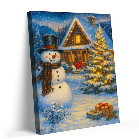 P&L Art Christmas Snowman & Log Cabin Canvas Wall Art, Festive Holiday Decor with Lit Tree & Gifts, Framed Canvas Print