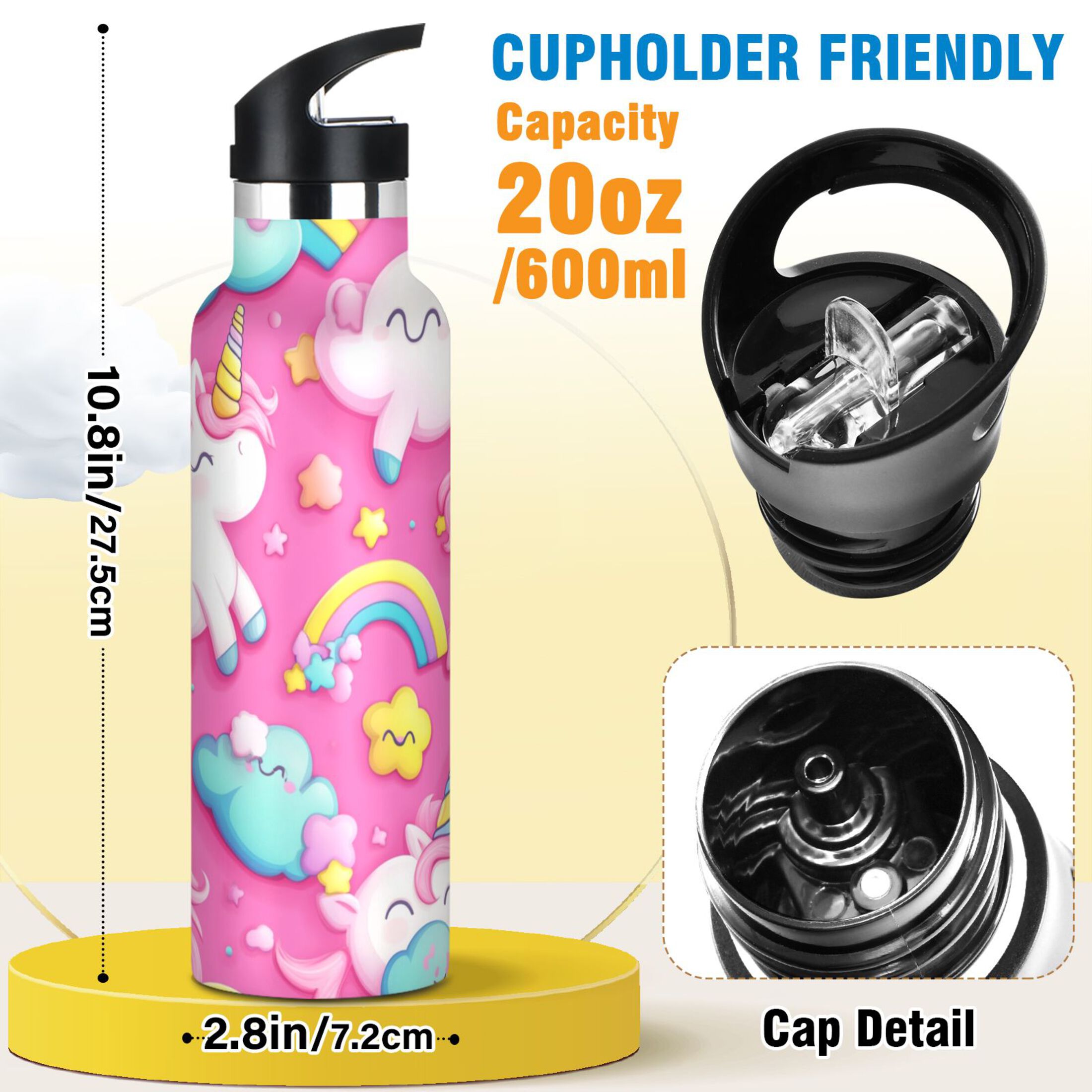 Kids Insulated Stainless Steel Sports Water Bottle 600ml (20oz) Unicorns and Clouds