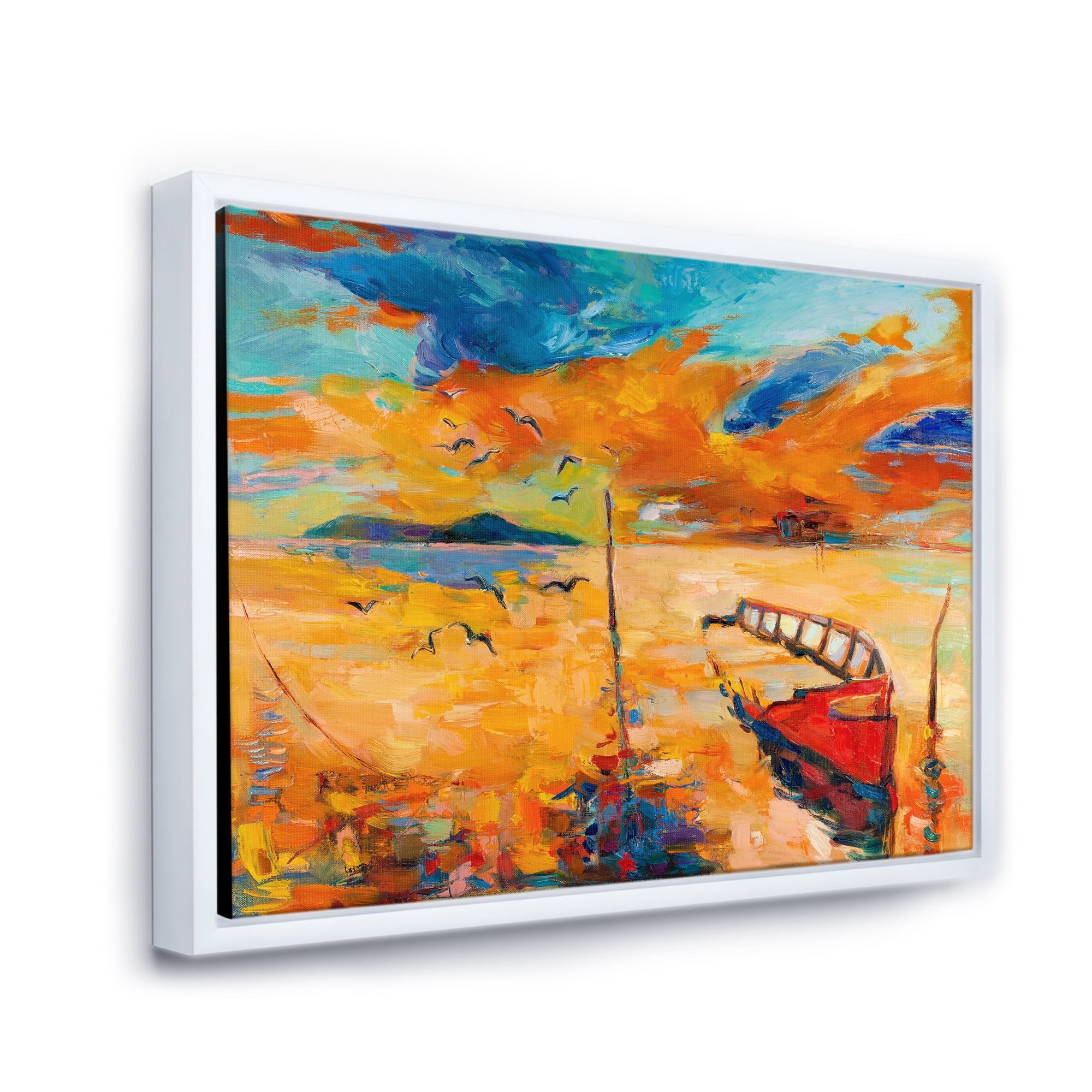 Designart 'Boat At The Lake During Evening Glow VIII' Nautical & Coastal Framed Canvas Wall Art Print