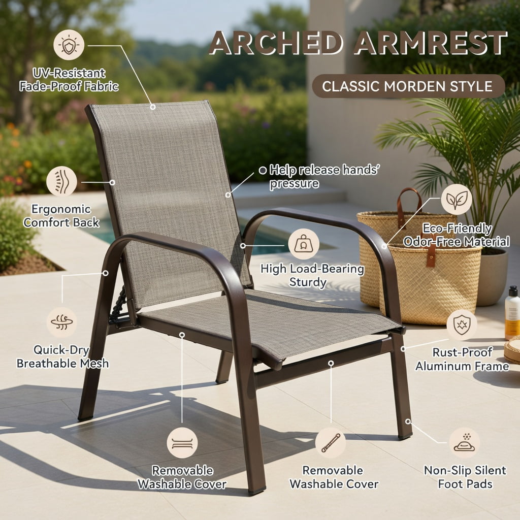 Hommoo 2-Pack Outdoor Patio Dining Chairs with Armrests, Heavy-Duty Steel Frame, Breathable Fabric, for Garden, Poolside & Balcony Use, Gray