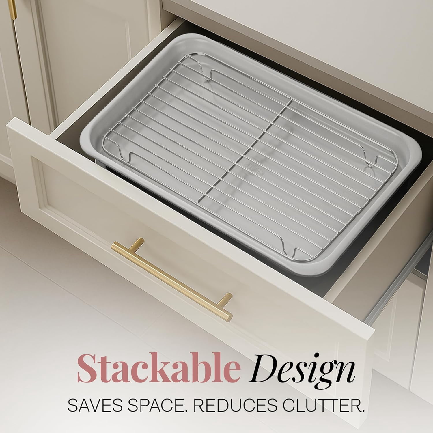 Gotham Steel 6 Pc Stackable Baking Pans Set Non Stick, 70% Space Saving Design, Nonstick Ceramic Bakeware Sets Non Toxic, with Baking Sheet Tray, Cake & Muffin Pans, Oven & Dishwasher Safe, Mauve