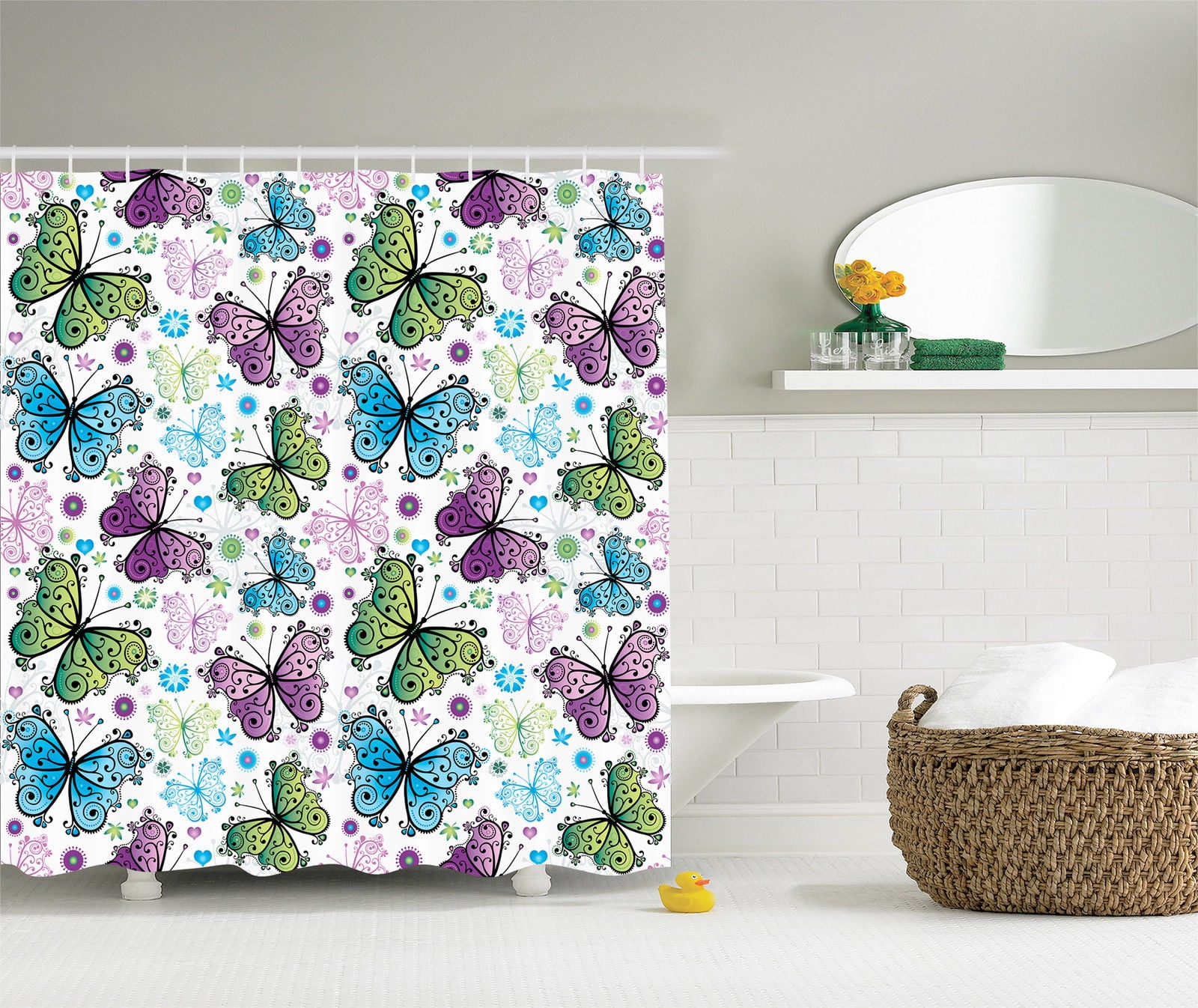 Butterfly Decor Spring Summer Daisies Flowers Hearts Art Fabric Shower