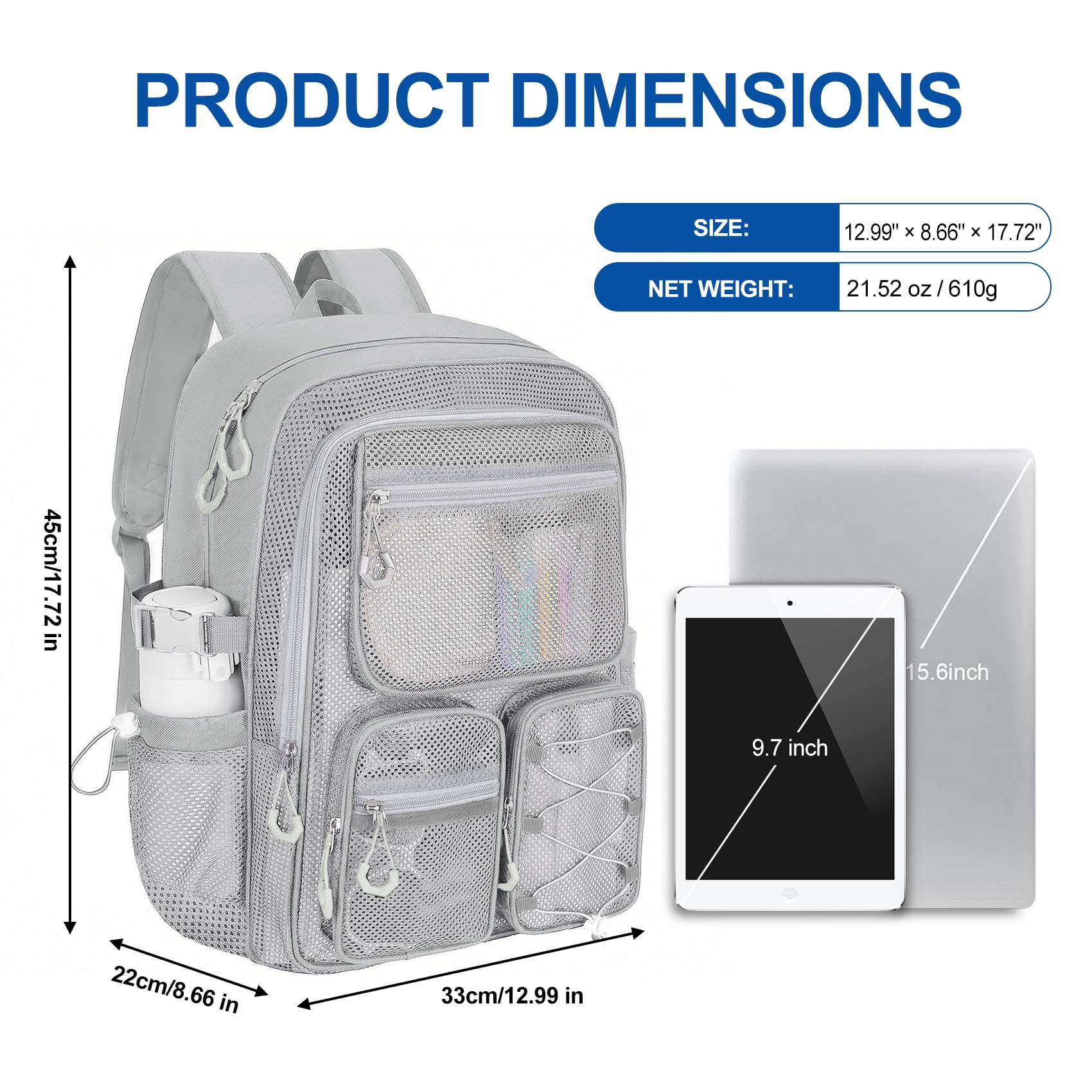 KOITHOT Mesh Backpack Heavy Duty, Stadium Approved Multi-Pocket Beach Backpacks for Adults, See Through Transparent Mesh Bookbag for School & Travel(Gray)