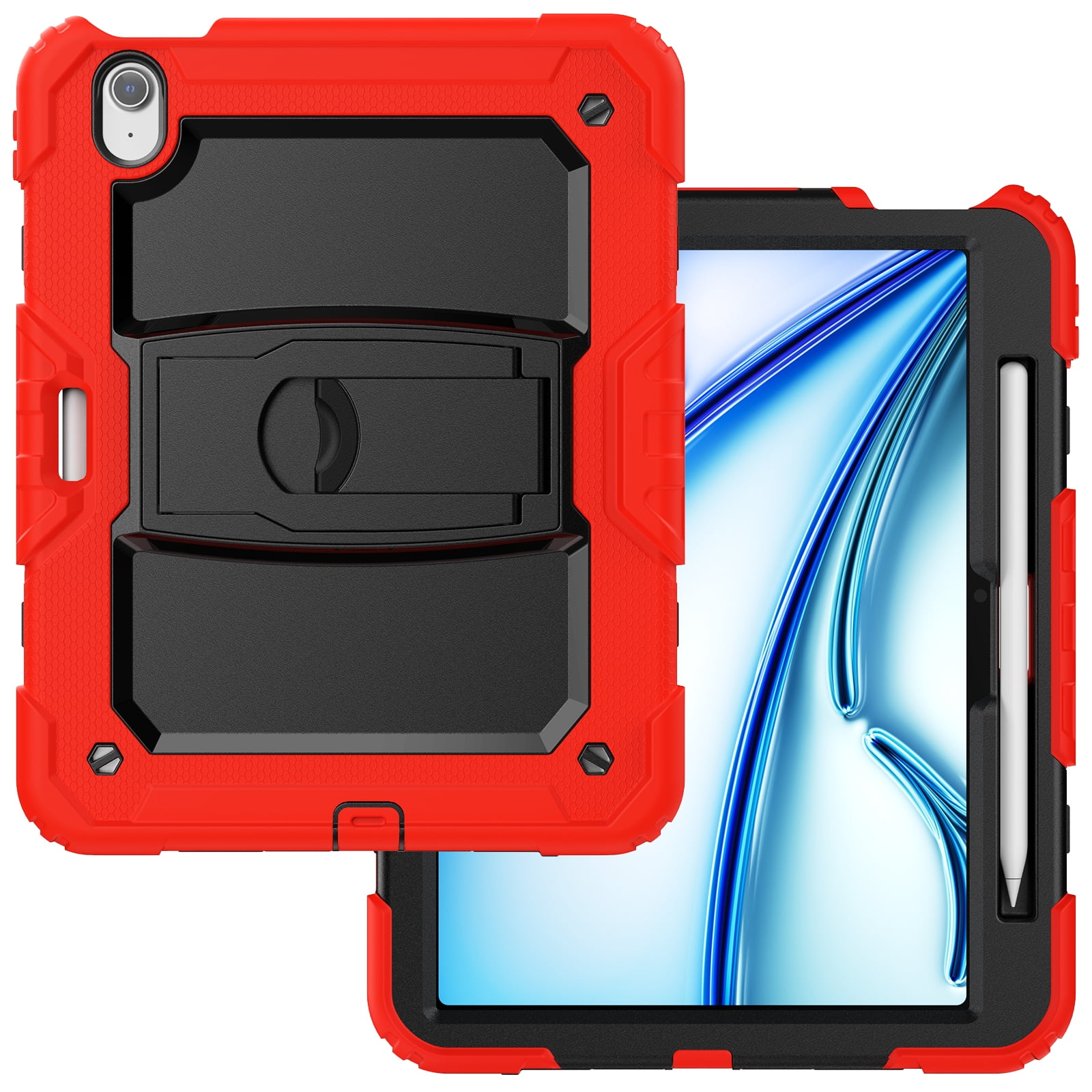 Rugged Case For Apple iPad Air 11 (2024) – 3-Layer Protection Shockproof Stand Cover with Screen Protector, Adjustable Stand, Shoulder Strap, & Pencil Holder -- Red