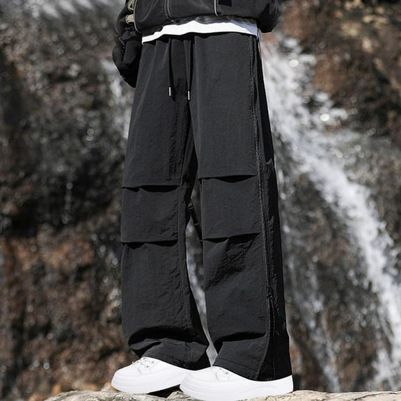 UVEASISHA Big and Tall Cargo Pants for Men Baggy Casual Street Pants Side Zipper Work Pants with Multi Pockets Black S