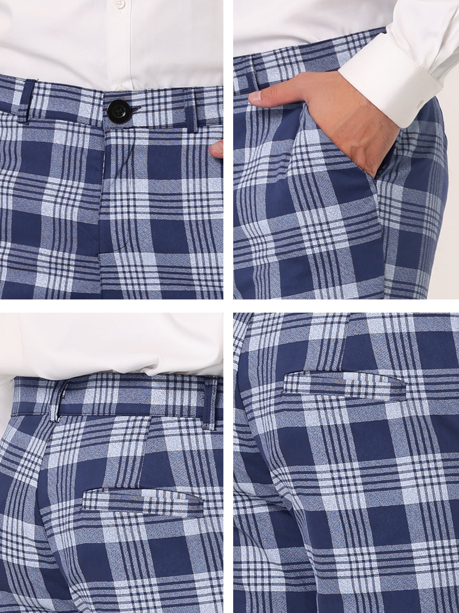 Unique Bargains Men's Plaid Dress Pants Casual Slim Fit Checkered Business Trousers 36 Navy Blue